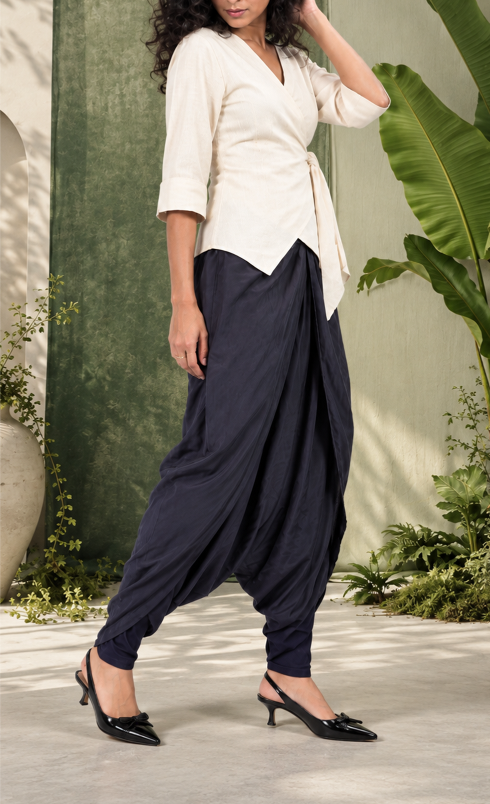 Luna - Women's Navy Blue Crepe Overlap Dhoti Pants – Asymmetric Tulip Hem Harem Trousers | Fusion Bottom wear