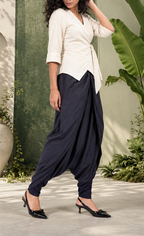 Luna - Women's Navy Blue Crepe Overlap Dhoti Pants – Asymmetric Tulip Hem Harem Trousers | Fusion Bottom wear