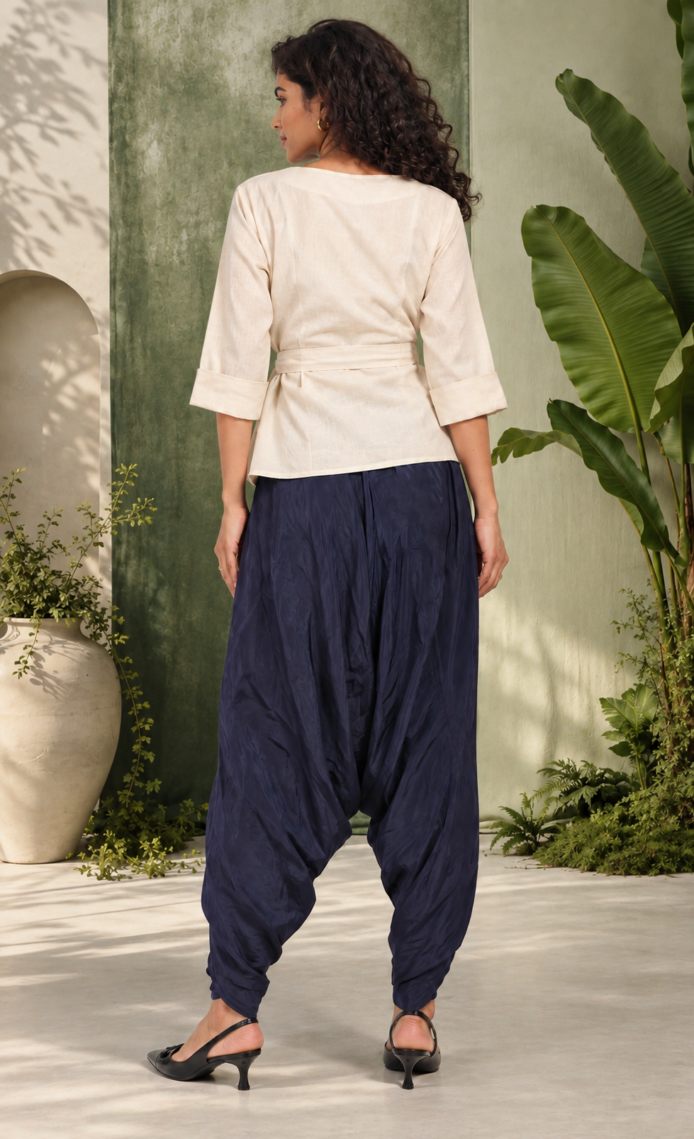 Luna - Women's Navy Blue Crepe Overlap Dhoti Pants – Asymmetric Tulip Hem Harem Trousers | Fusion Bottom wear