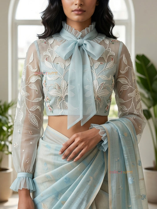 Maren – Powder Blue Viscose Organza Embroidered Saree Blouse