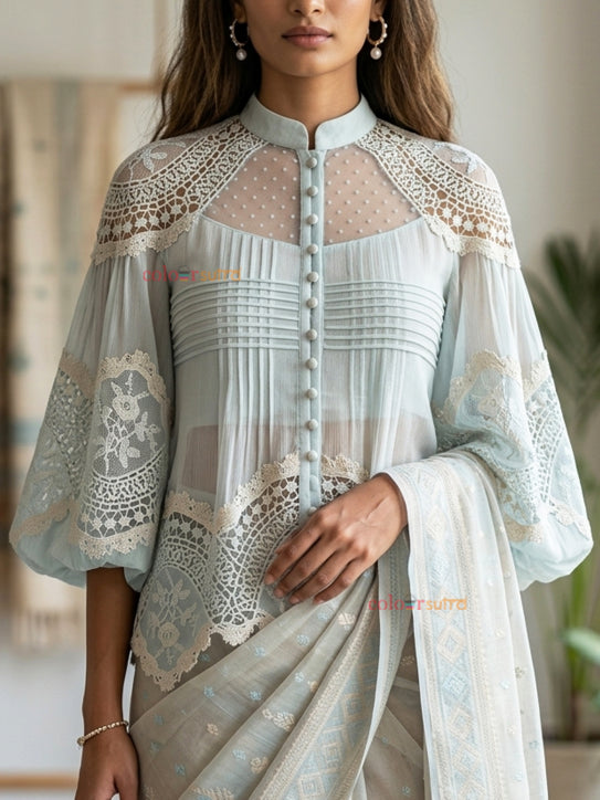 Nordic-  Ice Blue Sheer Georgette  embroidered and  Schiffli Lace  Saree Blouse |