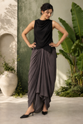 Olivia -  Women's Charcoal Grey Pleated Crepe Dhoti skirt  with Asymmetric Front Drape| Fusion Wear