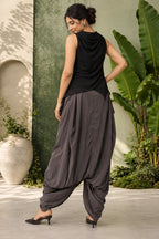 Olivia -  Women's Charcoal Grey Pleated Crepe Dhoti skirt  with Asymmetric Front Drape| Fusion Wear