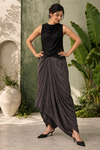 Olivia -  Women's Charcoal Grey Pleated Crepe Dhoti skirt  with Asymmetric Front Drape| Fusion Wear