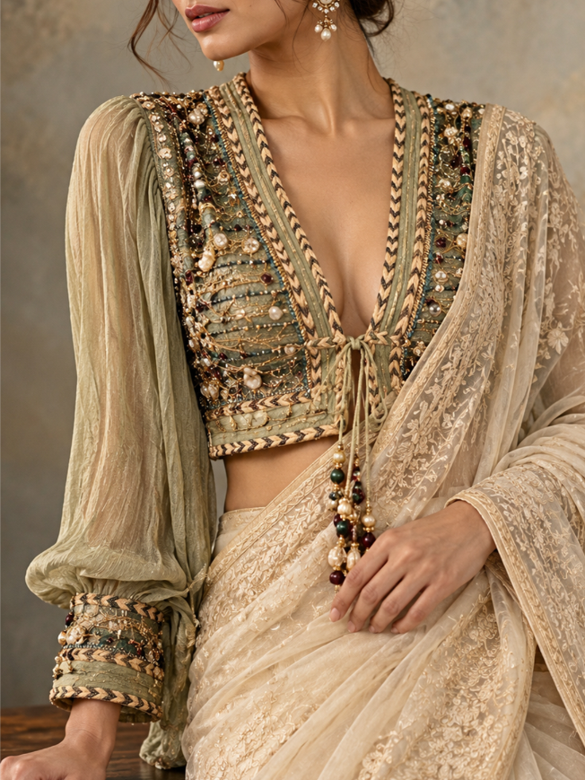 Ophelia - Pistachio Green  pearl and semi precious beads Hand-Embroidered Saree Blouse
