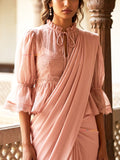 Orla– Dusty Rose Pink chiffon Peplum Saree Blouse with Lace Detailing & Ruffled collar and Bell Sleeves
