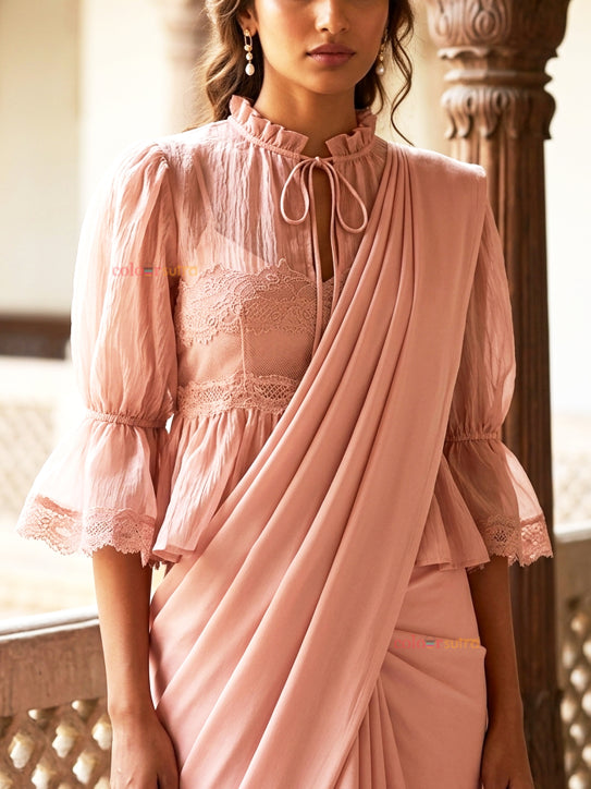 Orla– Dusty Rose Pink chiffon Peplum Saree Blouse with Lace Detailing & Ruffled collar and Bell Sleeves
