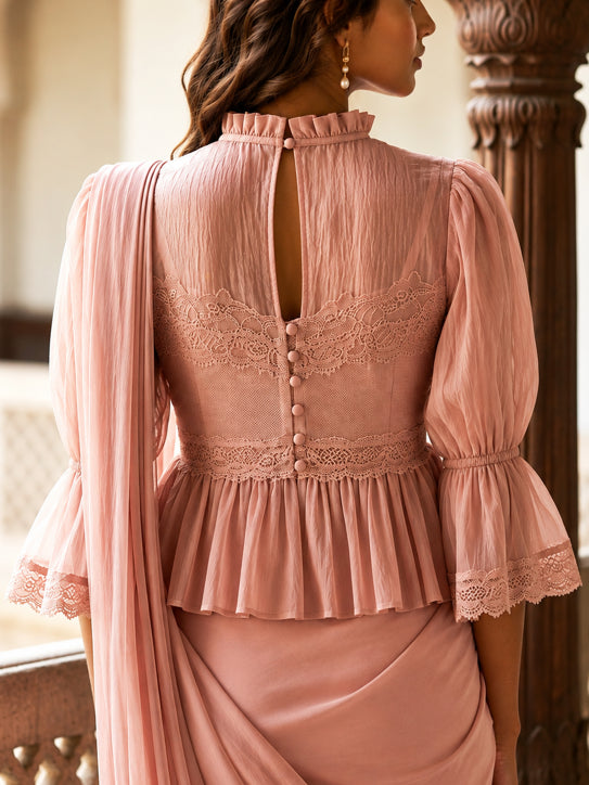 Orla– Dusty Rose Pink chiffon Peplum Saree Blouse with Lace Detailing & Ruffled collar and Bell Sleeves