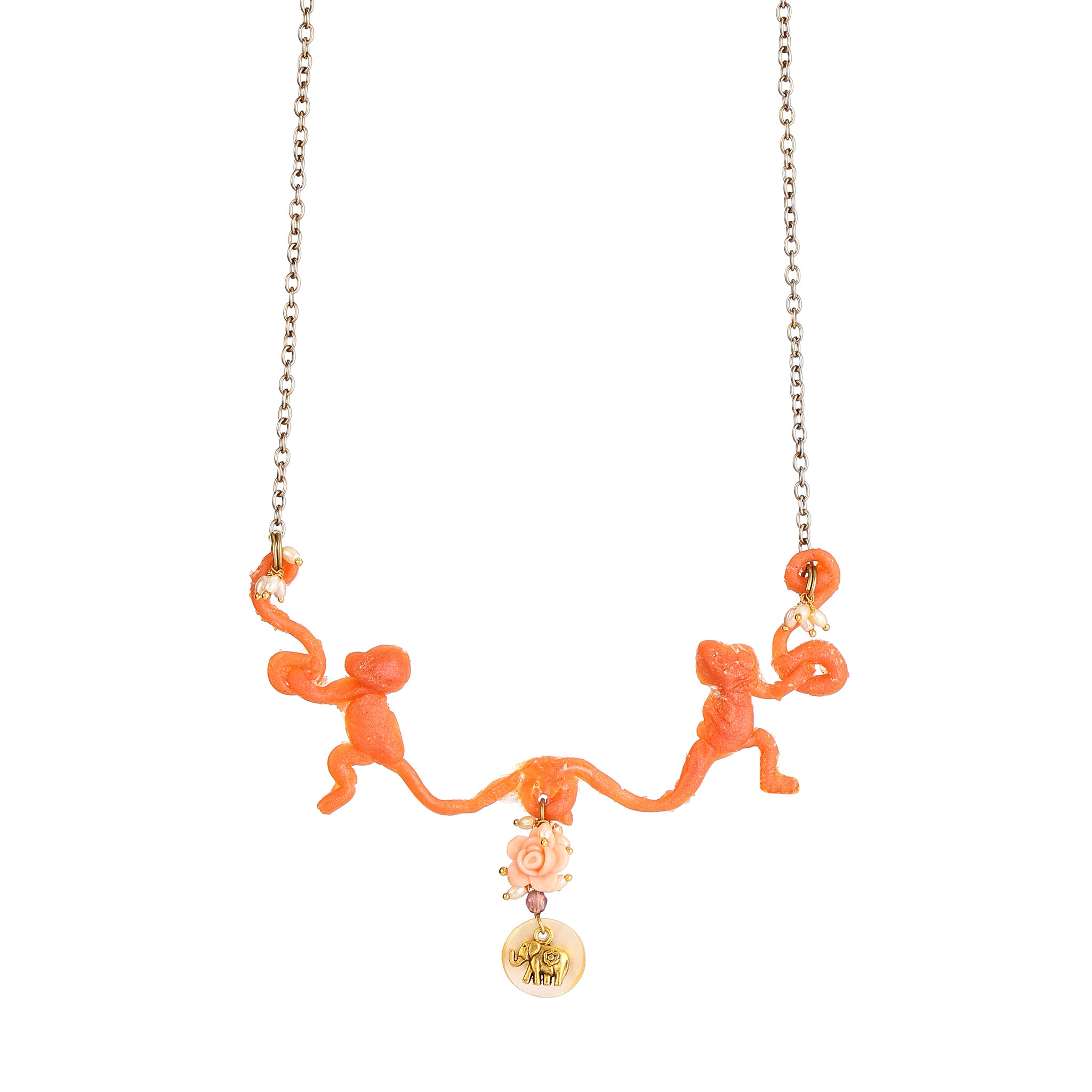 Mates Peach Resin Monkey duo Focal Necklace