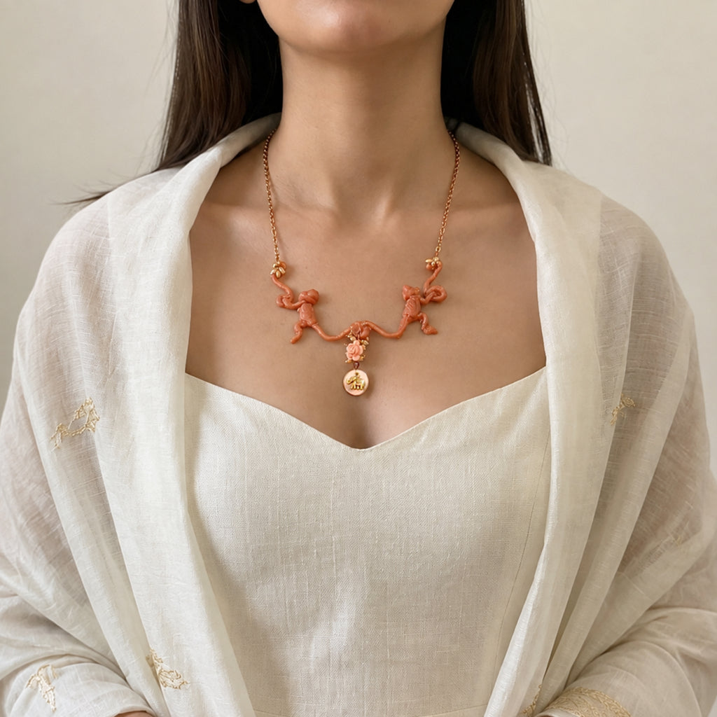 Mates Peach Resin Monkey duo Focal Necklace