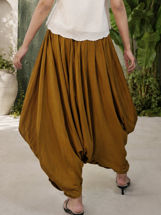 Pemberley –Ochre Yellow Crepe Dhoti Pants – Fusion Bottoms