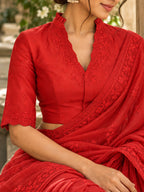 Rimjhim- Crimson Red Embroidered High-Collar Saree Blouse