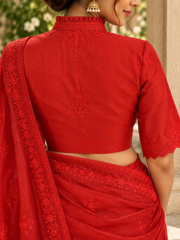 Rimjhim- Crimson Red Embroidered High-Collar Saree Blouse