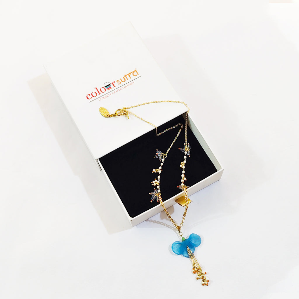 Sculptural Blue Orchid Resin Pendant | Lavender Crystal Seed Pearl Beaded Statement Jewelry | Artisanal Nature-Inspired Romantic Accessory