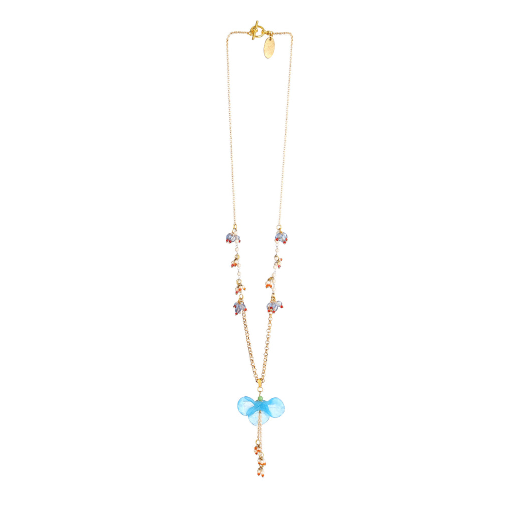 Sculptural Blue Orchid Resin Pendant | Lavender Crystal Seed Pearl Beaded Statement Jewelry | Artisanal Nature-Inspired Romantic Accessory