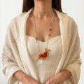 Sculptural Peach Resin Deer Necklace | Multi-Color Glass &amp; Pearl Beaded Jewelry | Artisanal Nature-Inspired Statement Accessory