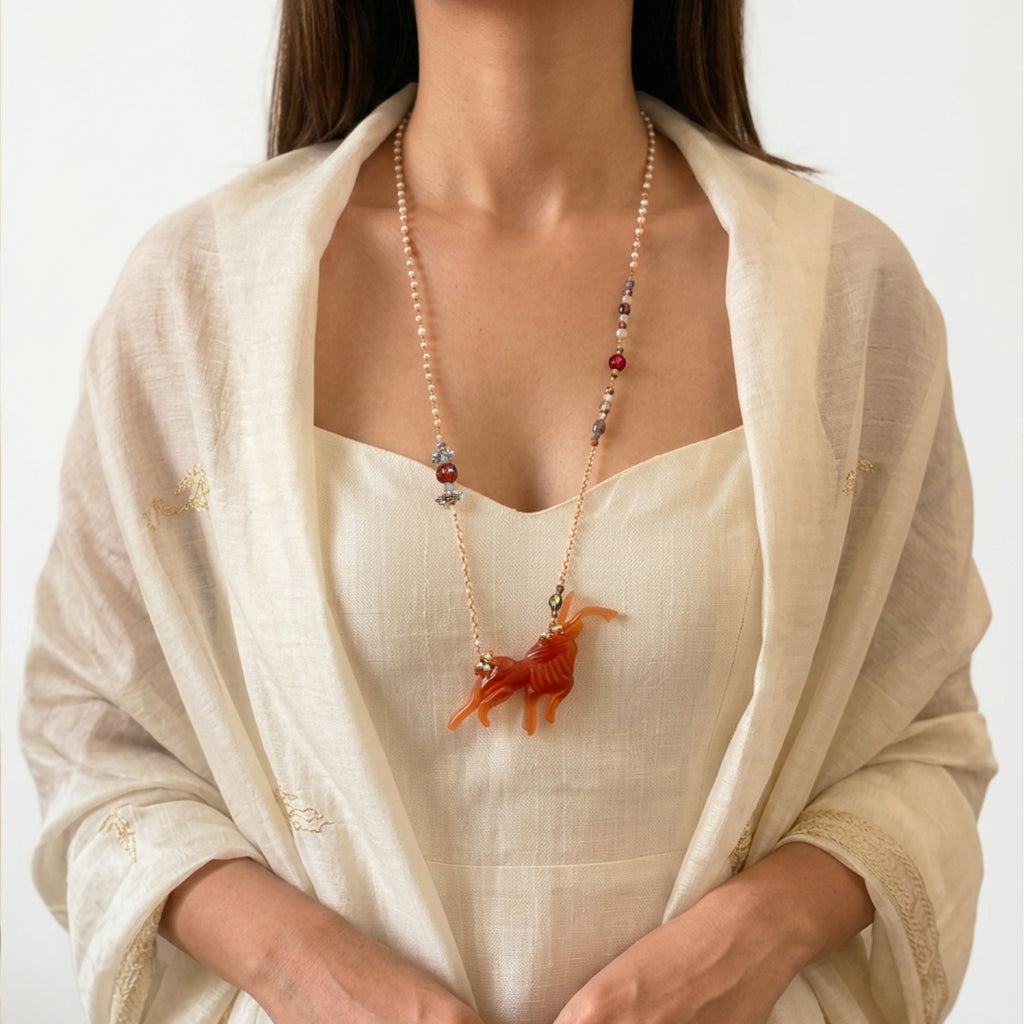 Sculptural Peach Resin Deer Necklace | Multi-Color Glass &amp; Pearl Beaded Jewelry | Artisanal Nature-Inspired Statement Accessory