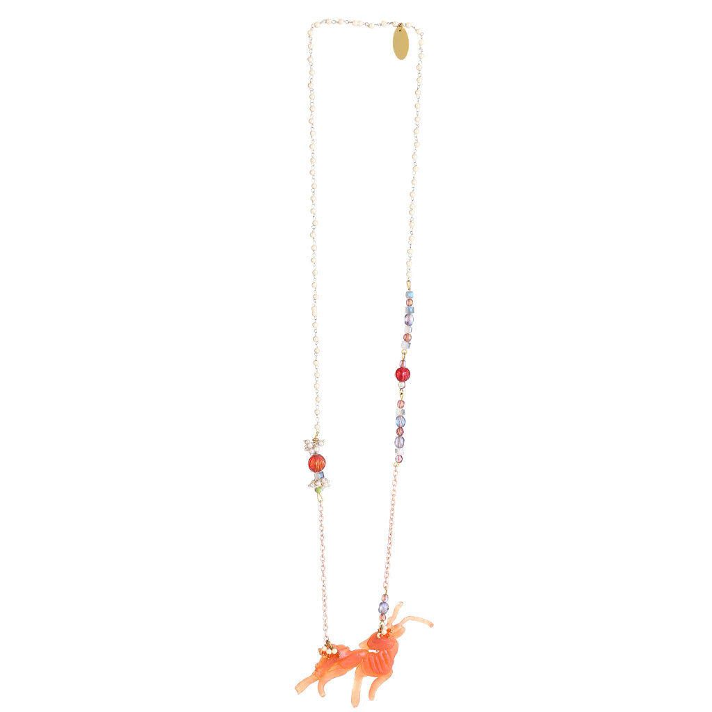 Sculptural Peach Resin Deer Necklace | Multi-Color Glass &amp; Pearl Beaded Jewelry | Artisanal Nature-Inspired Statement Accessory