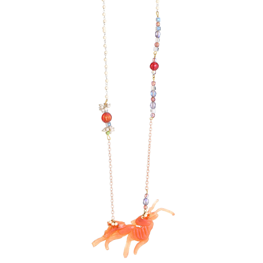 Sculptural Peach Resin Deer Necklace | Multi-Color Glass &amp; Pearl Beaded Jewelry | Artisanal Nature-Inspired Statement Accessory