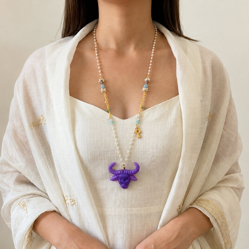Beast Sculptural Resin Bison Skull Pendant  Necklace
