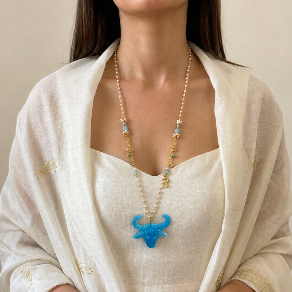 Beast Sculptural Resin Bison Skull Pendant  Necklace