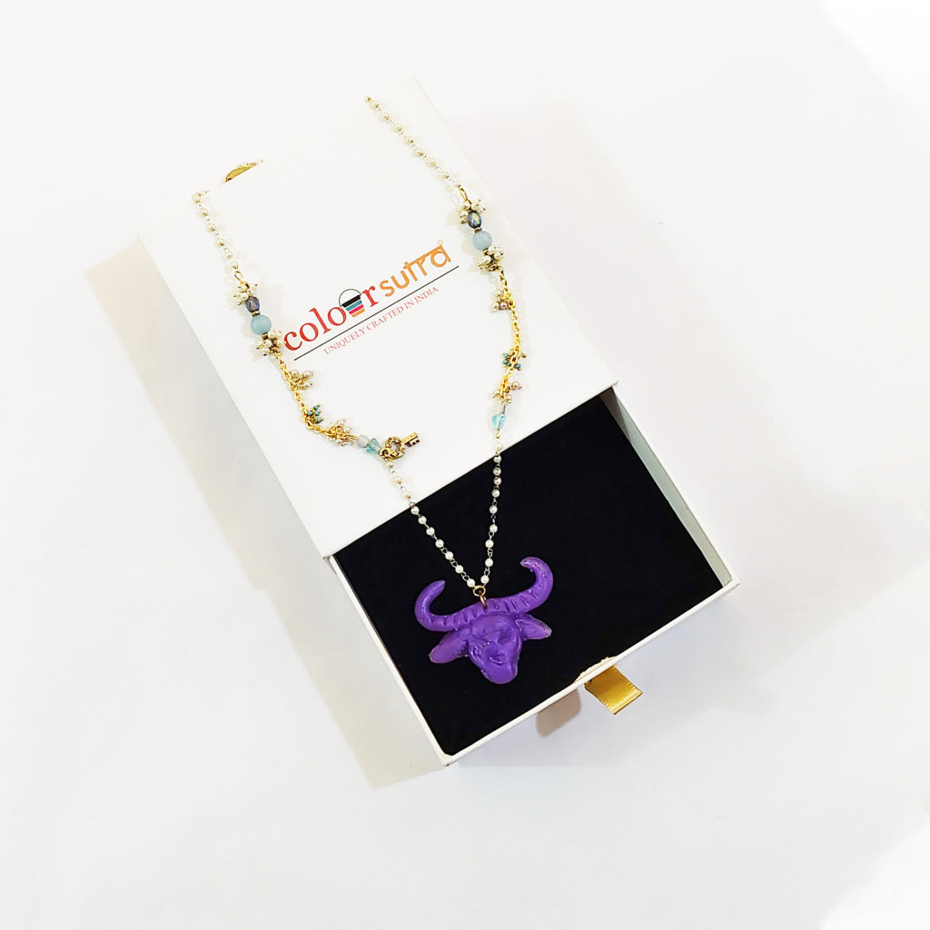 Sculptural Resin Bull Skull Pendant Necklace | Artisanal Whimsical Statement Accessory