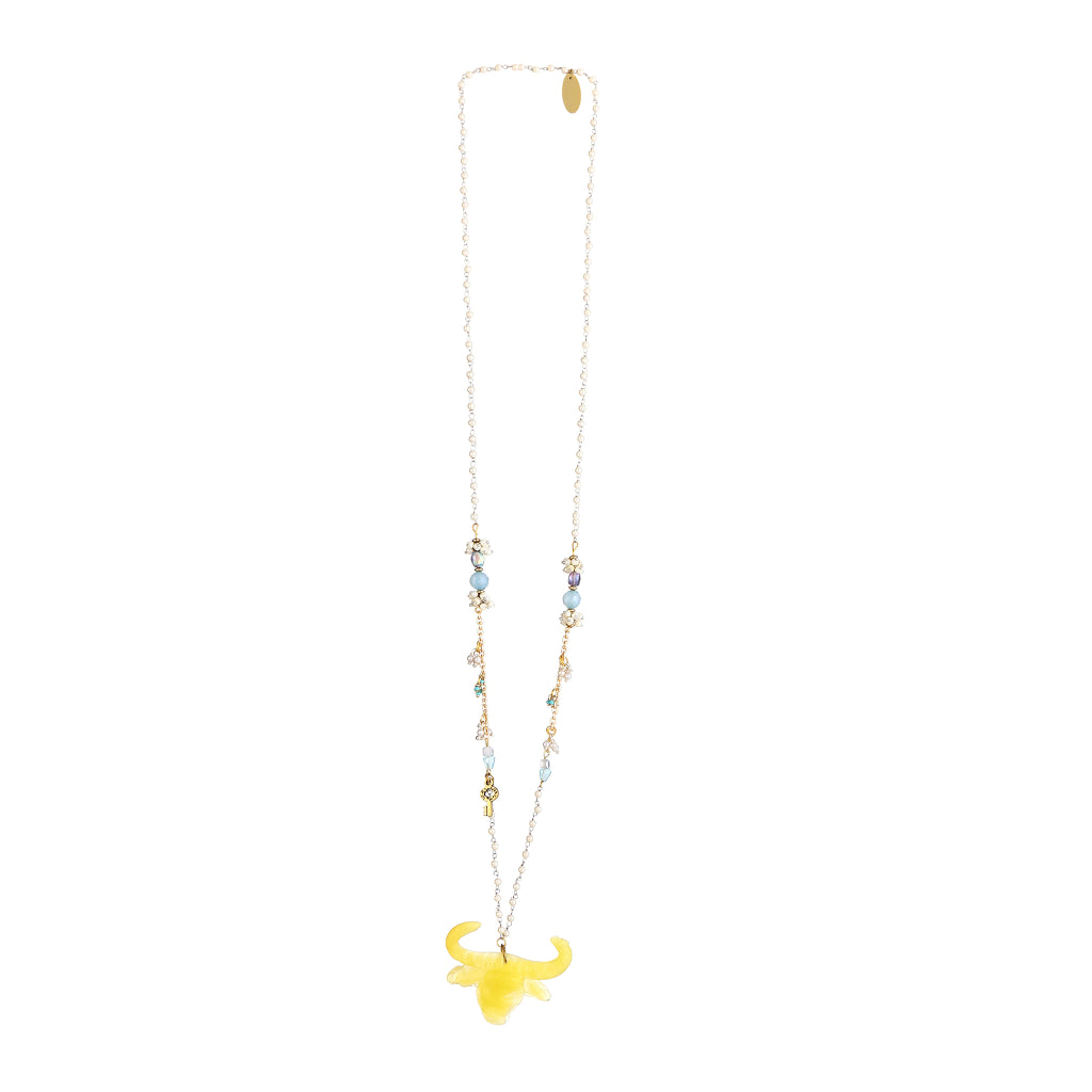 Sculptural Resin Bull Skull Pendant Necklace | Artisanal Whimsical Statement Accessory