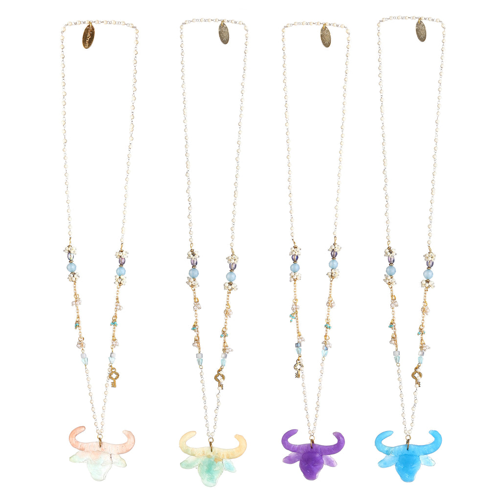 Sculptural Resin Bull Skull Pendant Necklace | Artisanal Whimsical Statement Accessory