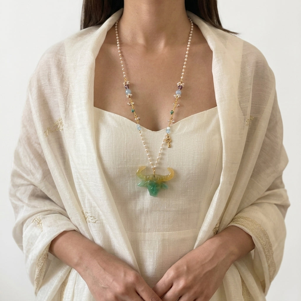 Sculptural Resin Bull Skull Pendant Necklace | Artisanal Whimsical Statement Accessory