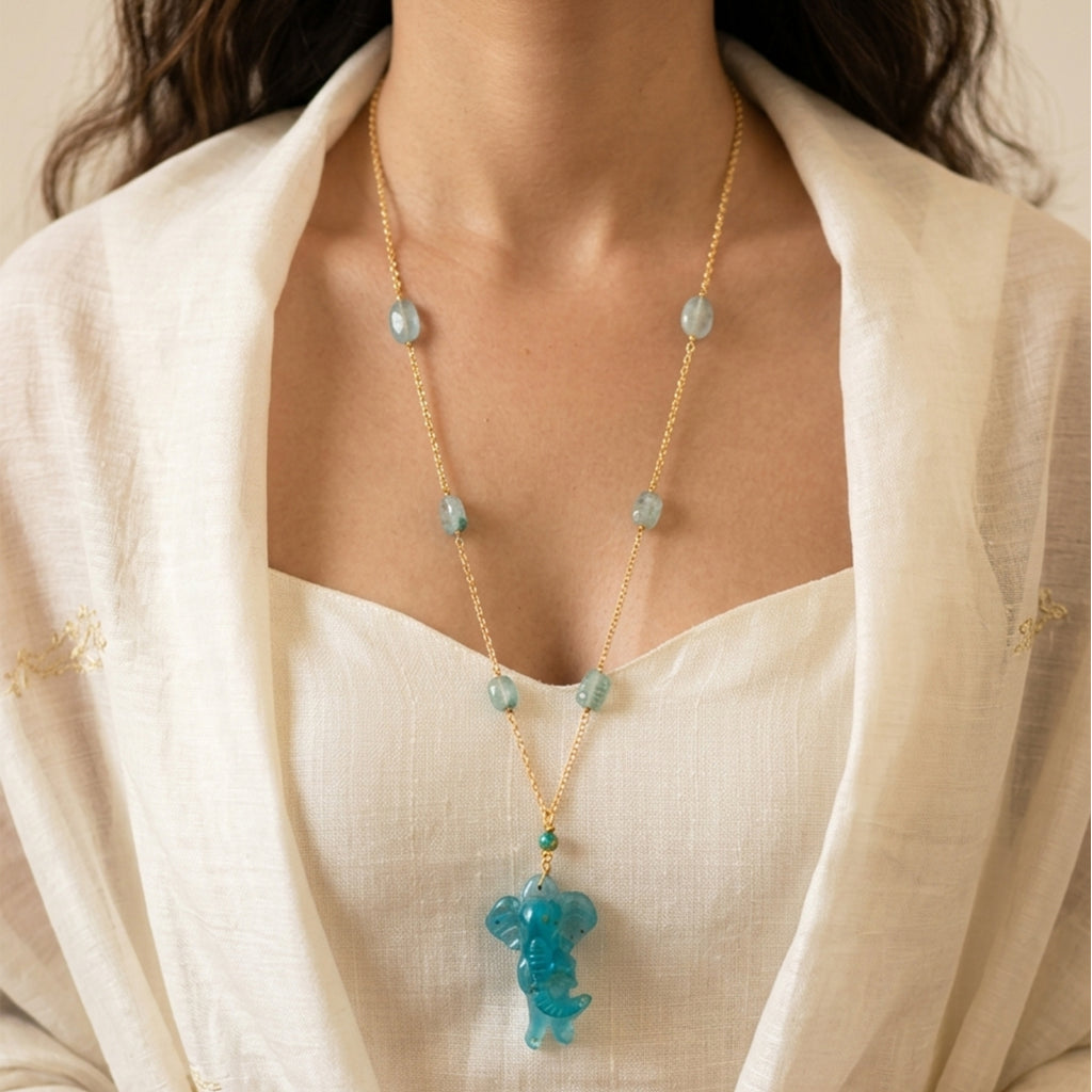 Sculptural Turquoise Resin Elephant Pendant Necklace | Iridescent Aquamarine Glass Beaded Jewelry | Artisanal Nature-Inspired Statement Accessory