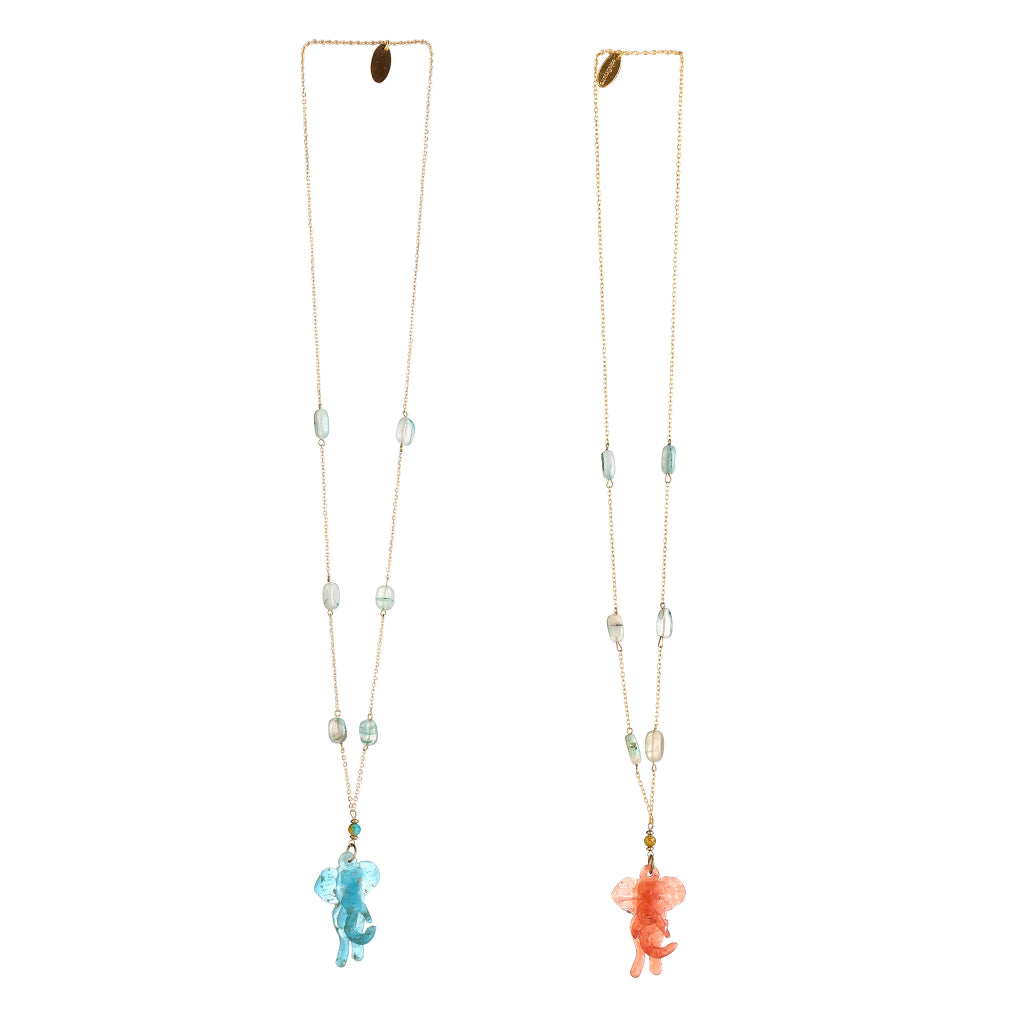 Sculptural Turquoise Resin Elephant Pendant Necklace | Iridescent Aquamarine Glass Beaded Jewelry | Artisanal Nature-Inspired Statement Accessory