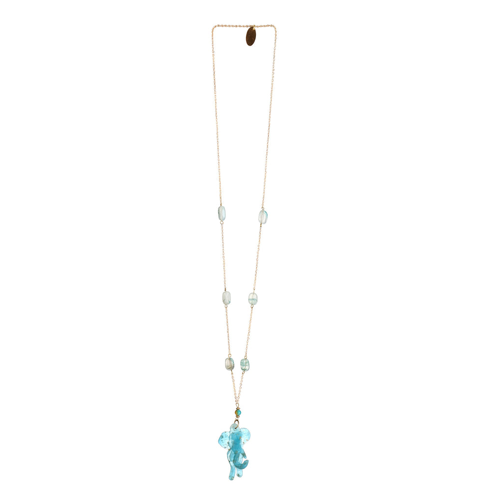 Sculptural Turquoise Resin Elephant Pendant Necklace | Iridescent Aquamarine Glass Beaded Jewelry | Artisanal Nature-Inspired Statement Accessory