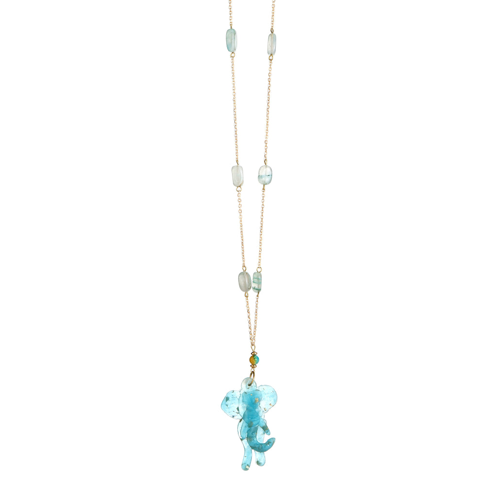 Sculptural Turquoise Resin Elephant Pendant Necklace | Iridescent Aquamarine Glass Beaded Jewelry | Artisanal Nature-Inspired Statement Accessory