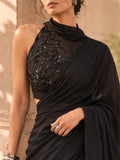 Shnoir - Black Embroidered Georgette Halter-Neck Saree Blouse