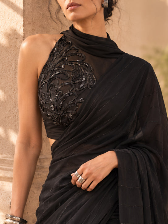 Shnoir - Black Embroidered Georgette Halter-Neck Saree Blouse
