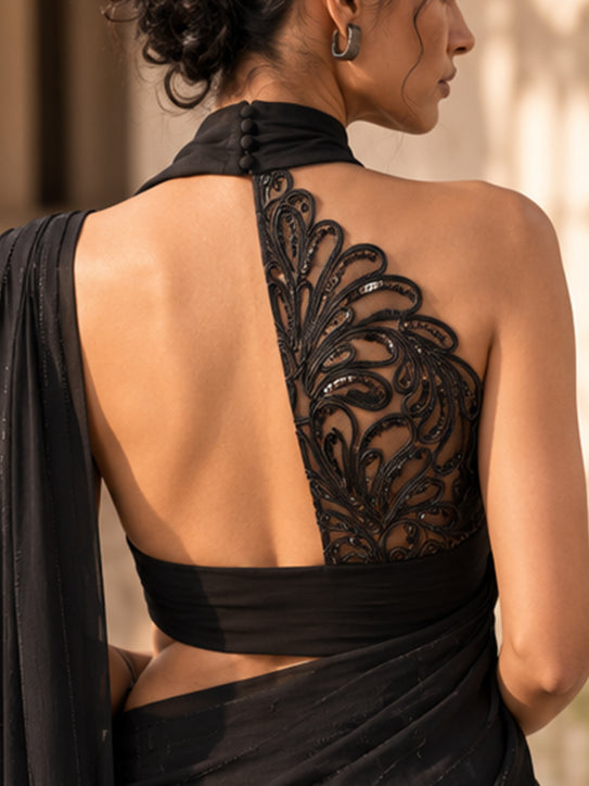 Shnoir - Black Embroidered Georgette Halter-Neck Saree Blouse