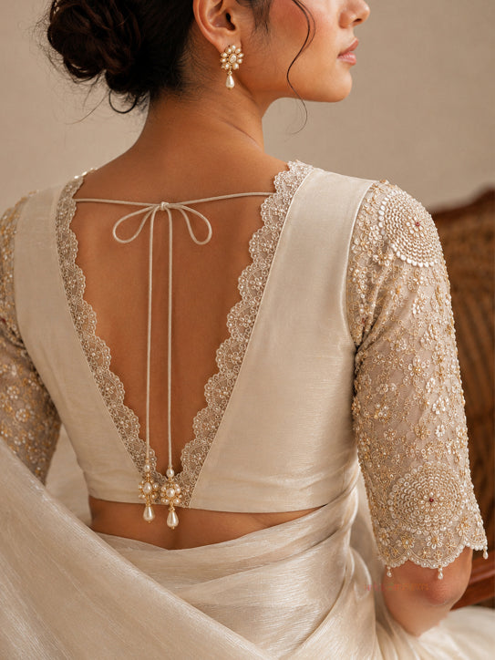Siena – Ivory viscose silk Embroidered saree blouse with scalloped edging