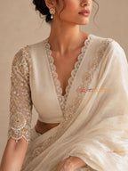 Siena – Ivory viscose silk Embroidered saree blouse with scalloped edging