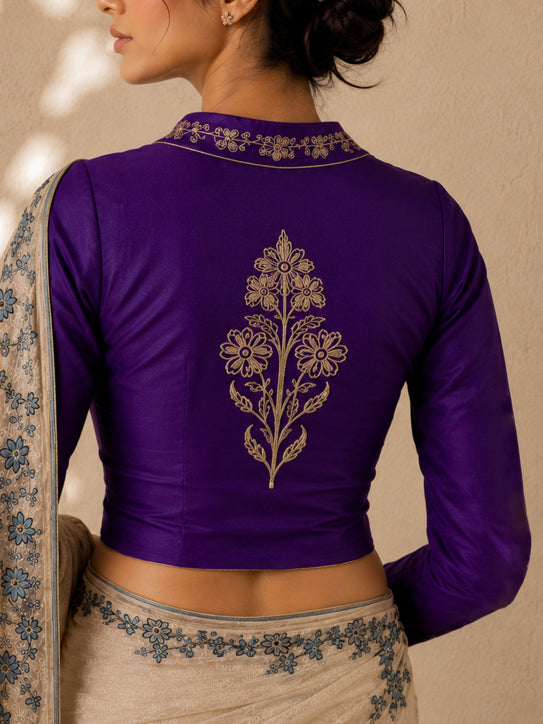 Sorrento – Royal Purple Embroidered  Linen satin slub Blouse