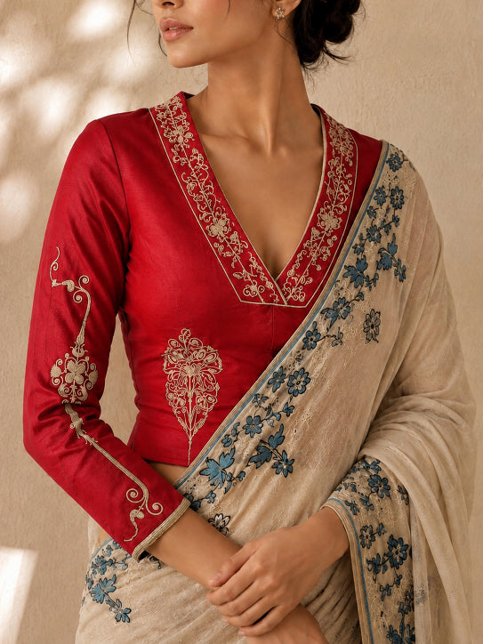 Sorrento – Royal  Embroidered  Linen satin slub Blouse