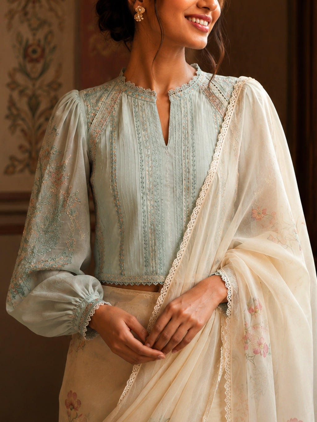 Tuscano – Mint Blue pin-tucks and Embroidered  Blouse