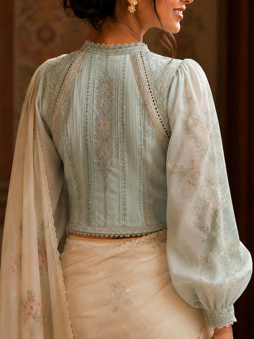 Tuscano – Mint Blue pin-tucks and Embroidered  Blouse