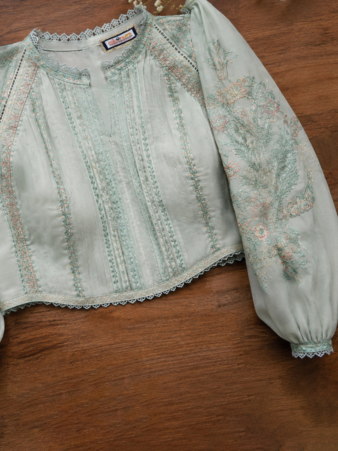 Tuscano – Mint Blue pin-tucks and Embroidered  Blouse