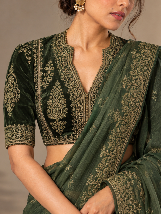Verdant Bottle Green Velvet High-Neck Zari Saree Blouse