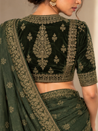 Verdant Bottle Green Velvet High-Neck Zari Saree Blouse