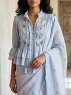 Zena– Powder Sky Blue Embroidered Peplum Saree Blouse with Bird 2 d Applique