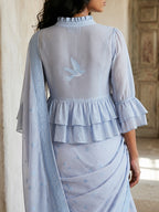 Zena– Powder Sky Blue Embroidered Peplum Saree Blouse with Bird 2 d Applique