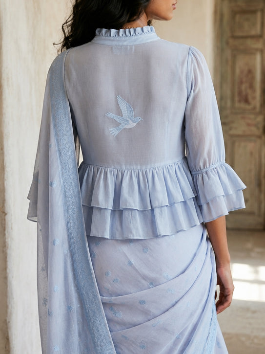 Zena– Powder Sky Blue Embroidered Peplum Saree Blouse with Bird 2 d Applique