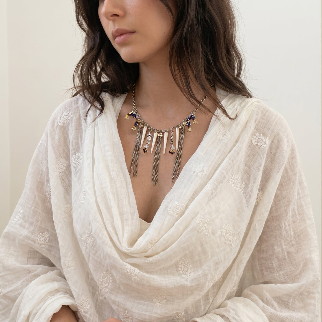 Dhriti  glass Beads with Seahorse Charm and Waterfall Fringe Necklace