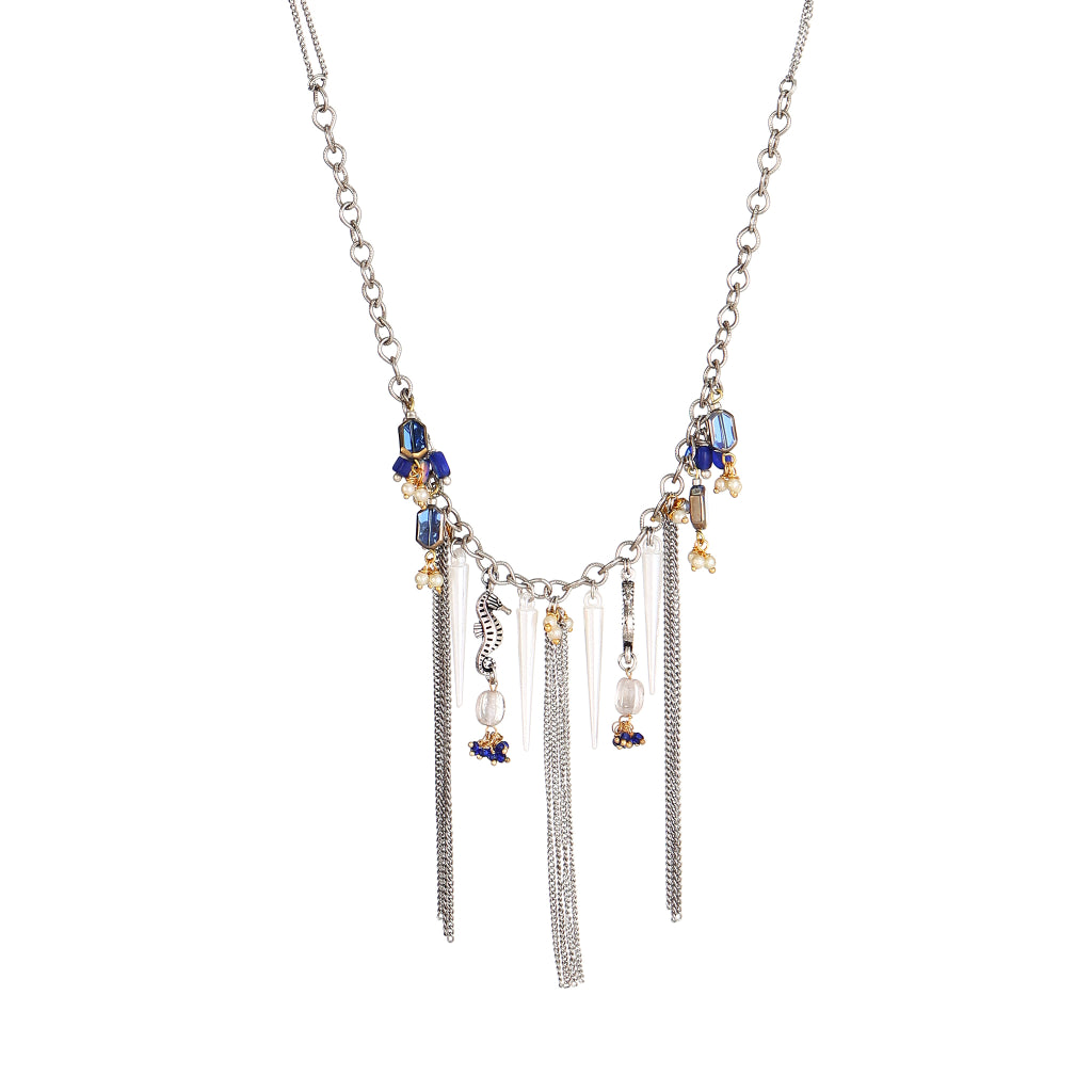 Dhriti  glass Beads with Seahorse Charm and Waterfall Fringe Necklace